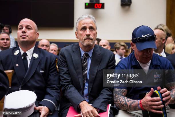 Former Daily Show Host Jon Stewart arrives before testifying during a House Judiciary Committee hearing on reauthorization of the September 11th...