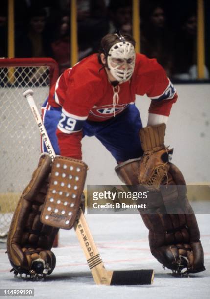 Goalie Ken Dryden of the Montreal Canadiens defends the net during an NHL game circa 1976.