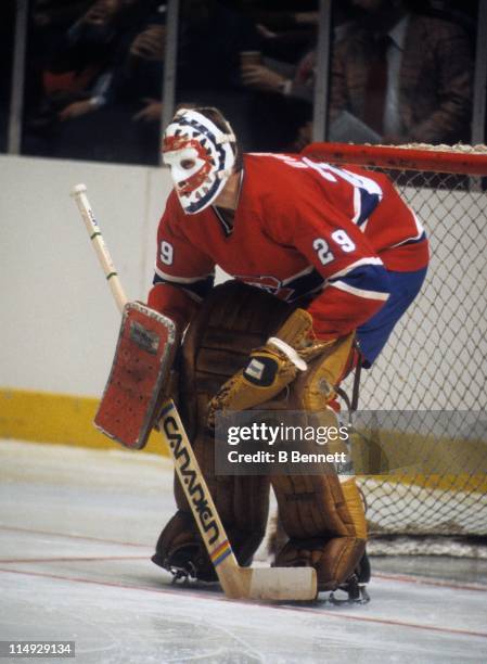 Goalie Ken Dryden of the Montreal Canadiens defends the net during an NHL game against the New York Rangers on January 3, 1979 at the Madison Square...