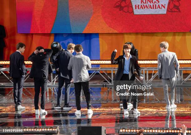 Kim Tae-hyung, Park Ji-min, Jungkook, Suga, Kim Seok-jin, RM and J-Hope of BTS perform on "Good Morning America" on May 15, 2019 in New York City.