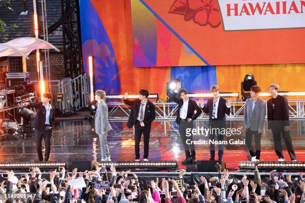 Kim Tae-hyung, Park Ji-min, Jungkook, Suga, Kim Seok-jin, RM and J-Hope of BTS perform on "Good Morning America" on May 15, 2019 in New York City.