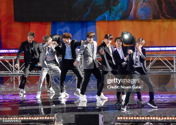 Kim Tae-hyung, Park Ji-min, Jungkook, Suga, Kim Seok-jin, RM and J-Hope of BTS perform on "Good Morning America" on May 15, 2019 in New York City.