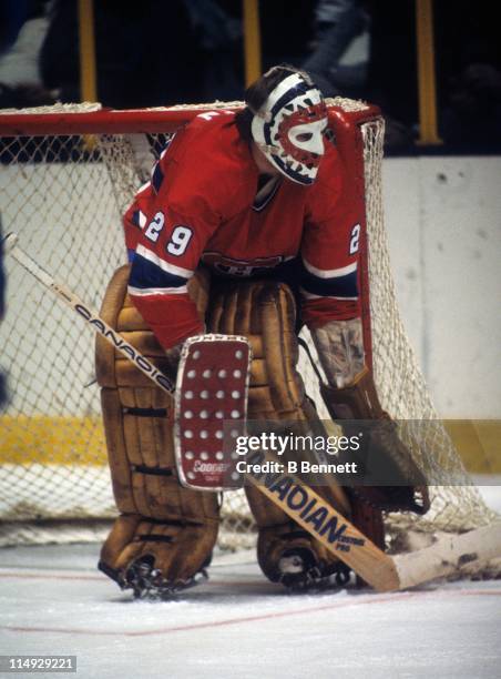 Goalie Ken Dryden of the Montreal Canadiens defends the net during an NHL game against the New York Rangers on January 3, 1979 at the Madison Square...