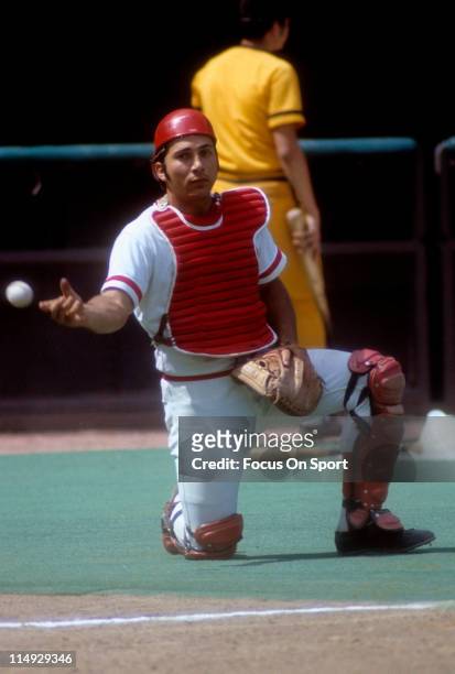 Catcher Johnny Bench of the Cincinnati Reds in action during a MLB baseball game circa 1975 at Riverfront Stadium in Cincinnati, Ohio. Bench Played...