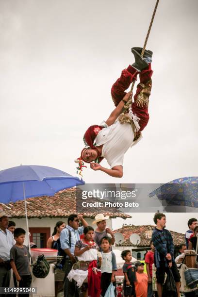 a scene during the ancestral rite of the voladores de papantla in the town of cuetzalan in puebla in central mexico - papantla stock pictures, royalty-free photos & images