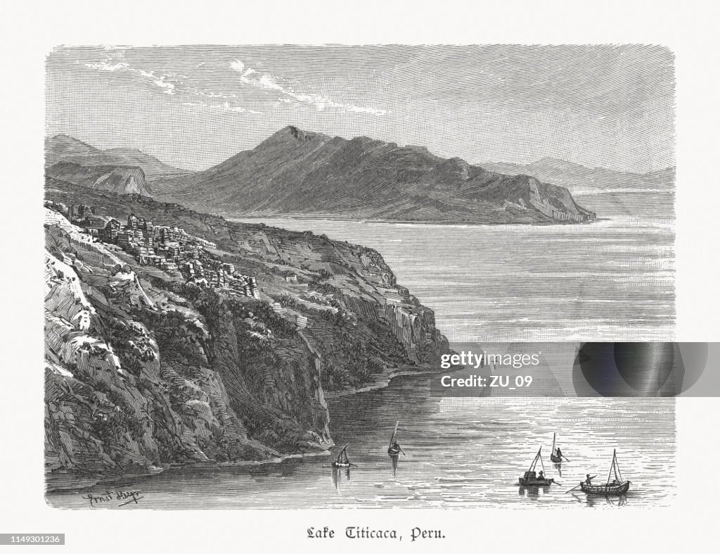 Titicaca-sjön i Peru, trägravyr, publicerad i 1897