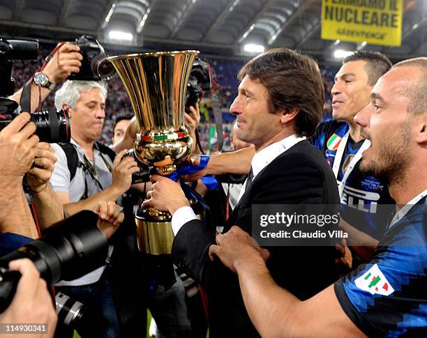 Internazionale Milano head coach Leonardo celebrates after victory in the Tim Cup final during the Tim Cup final between FC Internazionale Milano and...