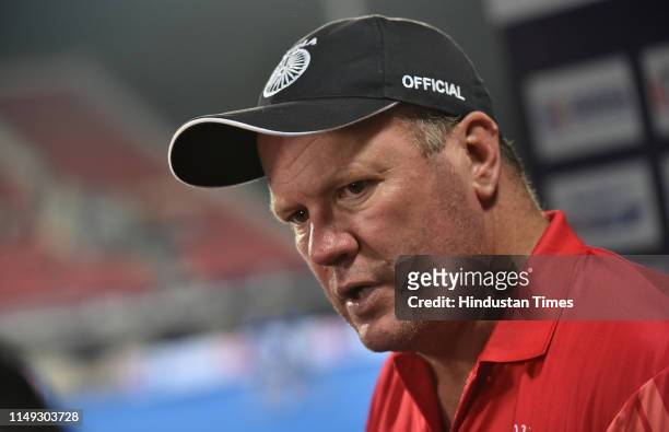 India Hockey coach, Graham Reid during a press conference after a match, at Kalinga Stadium on June 10, 2019 in Bhubaneswar, India.