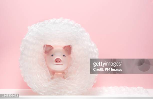 piggy bank in bubble wrap - protezione foto e immagini stock