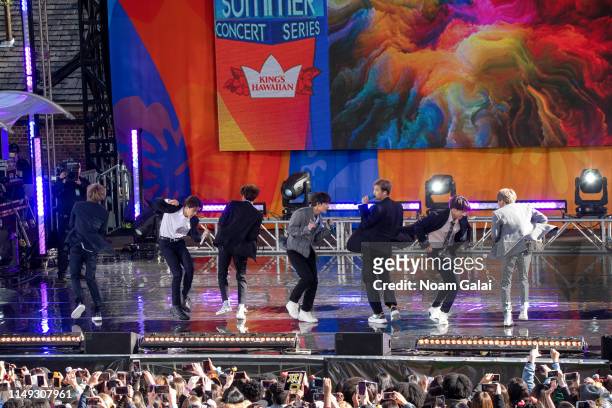 Kim Tae-hyung, Park Ji-min, Jungkook, Suga, Kim Seok-jin, RM and J-Hope of BTS perform on "Good Morning America" on May 15, 2019 in New York City.