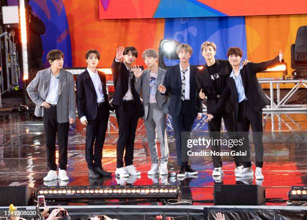 Kim Tae-hyung, Park Ji-min, Jungkook, Suga, Kim Seok-jin, RM and J-Hope of BTS perform on "Good Morning America" on May 15, 2019 in New York City.