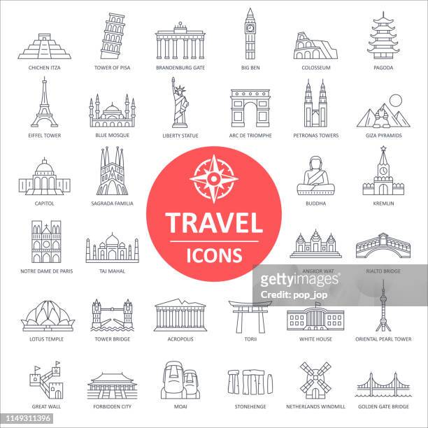 illustrazioni stock, clip art, cartoni animati e icone di tendenza di icone punto di riferimento di viaggio - vettore linea sottile - luogo d'interesse internazionale