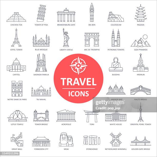 illustrazioni stock, clip art, cartoni animati e icone di tendenza di icone punto di riferimento di viaggio - vettore linea sottile - bigben