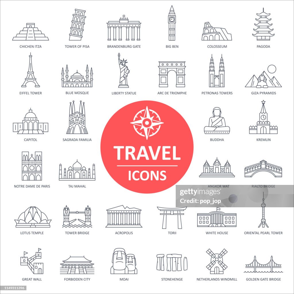 Travel Landmark ikoner-tunn linje vektor