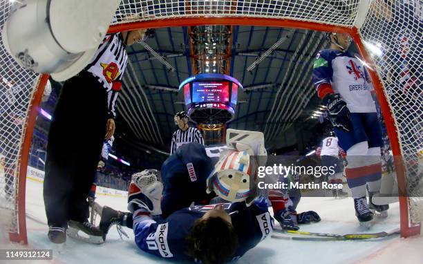 Thatcher Demko, goaltender of United States takes off his mask during the 2019 IIHF Ice Hockey World Championship Slovakia group A game between...