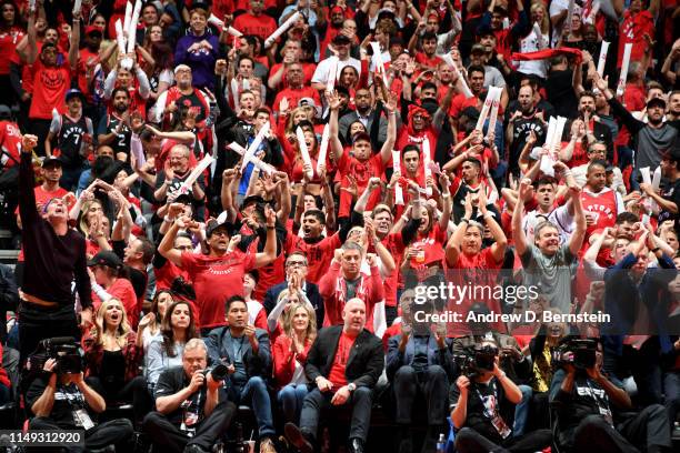 Fans react during Game Five of the NBA Finals between the Golden State Warriors and Toronto Raptors on June 10, 2019 at Scotiabank Arena in Toronto,...