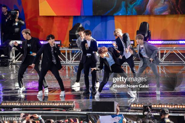 Kim Tae-hyung, Park Ji-min, Jungkook, Suga, Kim Seok-jin, RM and J-Hope of BTS perform on "Good Morning America" on May 15, 2019 in New York City.