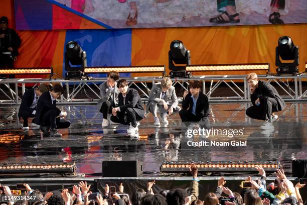 Kim Tae-hyung, Park Ji-min, Jungkook, Suga, Kim Seok-jin, RM and J-Hope of BTS perform on "Good Morning America" on May 15, 2019 in New York City.