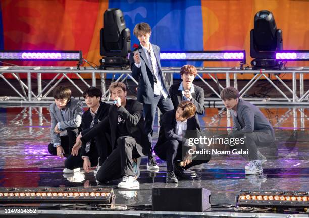 Kim Tae-hyung, Park Ji-min, Jungkook, Suga, Kim Seok-jin, RM and J-Hope of BTS perform on "Good Morning America" on May 15, 2019 in New York City.