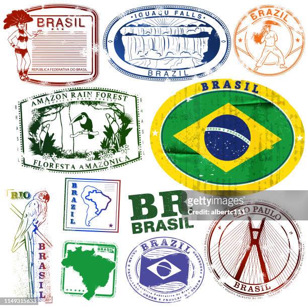 vintage brazil travel stamps - passport stock illustrations