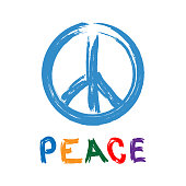 Sign of Pacific with text Peace drawn by hand. Watercolor brush, paint, graffiti. Vector illustration.