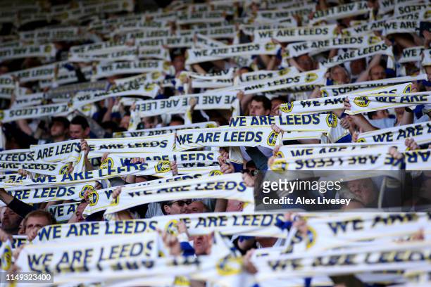 Leeds fans show their support prior to the Sky Bet Championship Play-off semi final second leg match between Leeds United and Derby County at Elland...