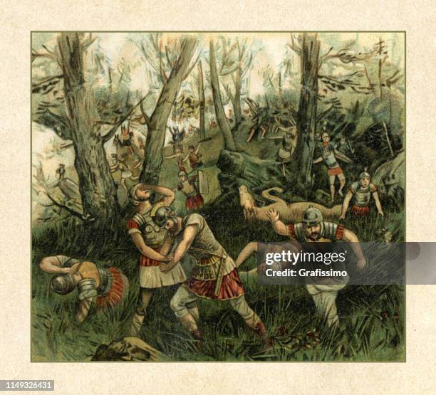 die schlacht im teutoburger wald zwischen varus und arminius im 9. jahrhundert - schlacht stock-grafiken, -clipart, -cartoons und -symbole