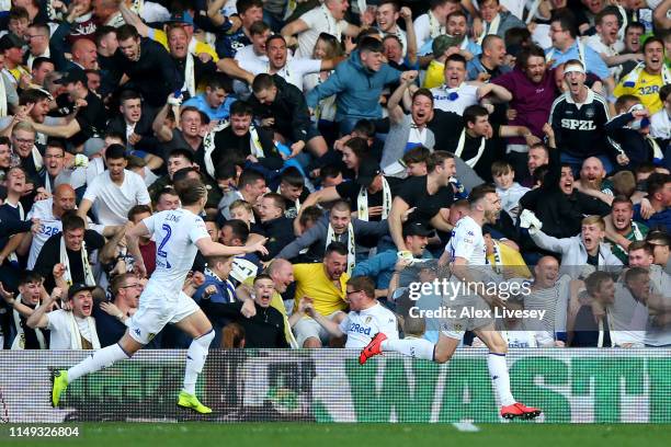 Stuart Dallas of Leeds United celebrates after scoring his team's first goal during the Sky Bet Championship Play-off semi final second leg match...