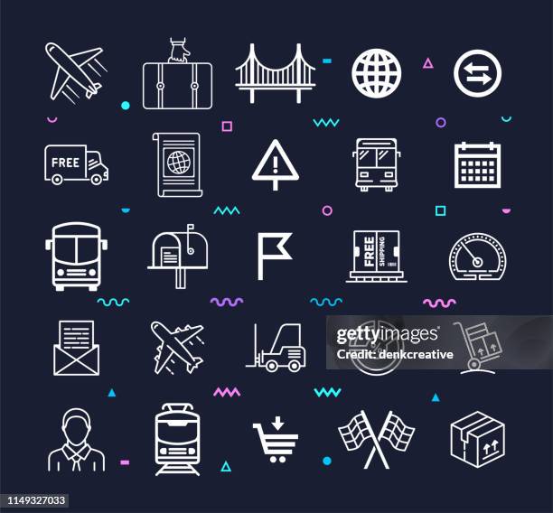 efficient retail supply chain line style vector icon set - precise manufacturing stock illustrations