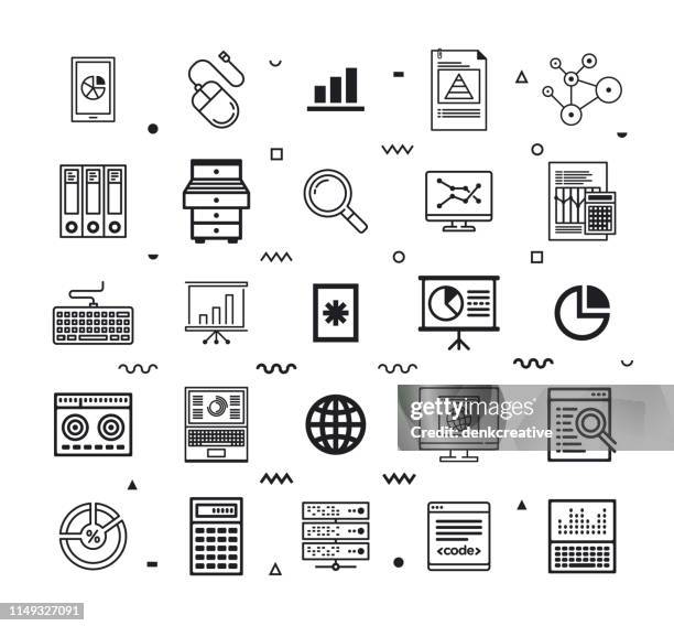 ilustraciones, imágenes clip art, dibujos animados e iconos de stock de toma de decisiones con ciencia de datos línea estilo vector icono conjunto - normal de maestros