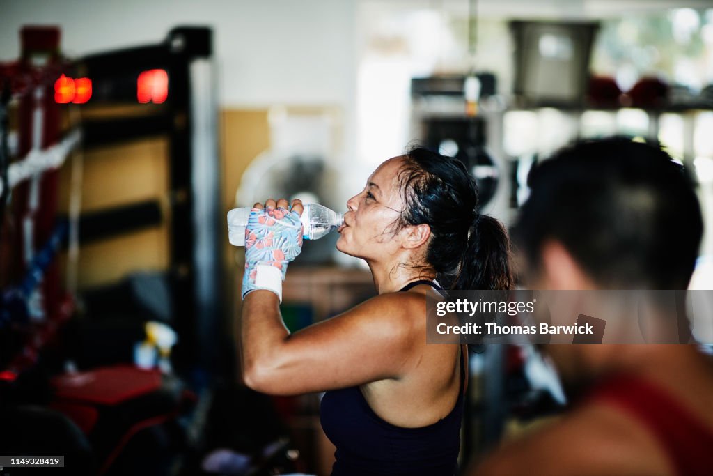 Sweating female boxer drinking water after workout in boxing gym