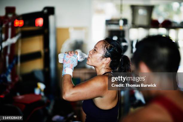 sweating female boxer drinking water after workout in boxing gym - sport drinking bottle stock-fotos und bilder