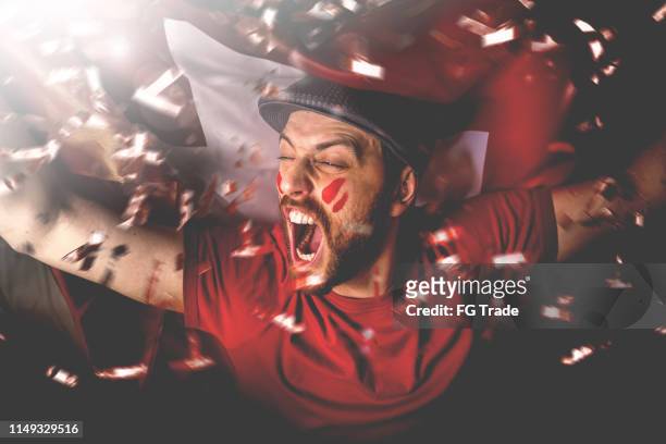 swiss fan celebrating with the national flag - fan enthusiast stock pictures, royalty-free photos & images