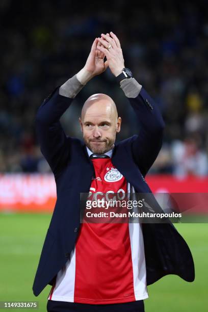 Erik Ten Hag, Manager of Ajax celebrates after winning the Eredivisie following the Eredivisie match between De Graafschap and Ajax at Stadion De...