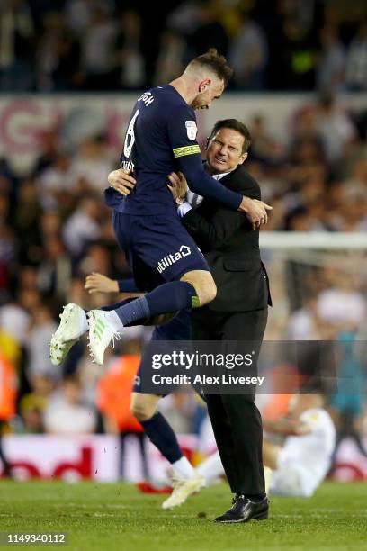 Frank Lampard, Manager of Derby County celebrates victory with Richard Keogh of Derby County following the Sky Bet Championship Play-off semi final...