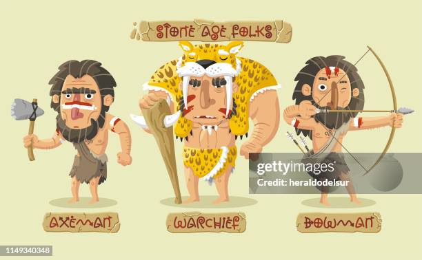 stockillustraties, clipart, cartoons en iconen met stone age personages set - barbaar