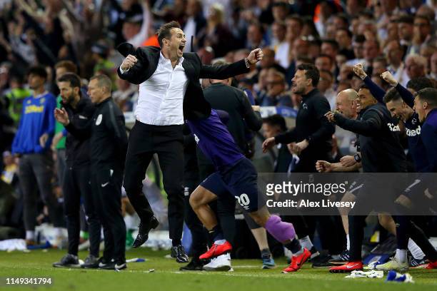 Frank Lampard, Manager of Derby County celebrates victory following the Sky Bet Championship Play-off semi final second leg match between Leeds...