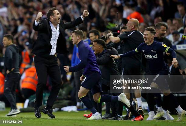 Frank Lampard, Manager of Derby County celebrates victory following the Sky Bet Championship Play-off semi final second leg match between Leeds...