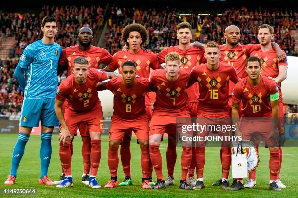 Belgium's team players Belgium's defender Toby Alderweireld, Belgium's midfielder Youri Tielemans, Belgium's midfielder Kevin De Bruyne, Belgium's...