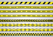 Restricting, danger, caution yellow band vector illustration set, isolated on white. Police or construction cordon plastic ribbon to forbid trespassing for life safety, to procure normal functioning.