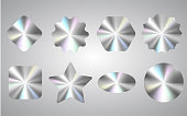 Quality holographic sticker set isolated on white. Package authentity seal with round metallic gradient. High level product equivalent. Brand authentity protection of different shapes.