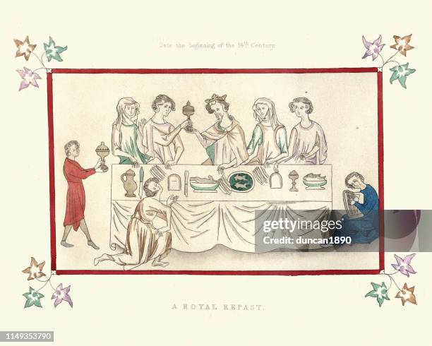 illustrations, cliparts, dessins animés et icônes de banquet des rois royaux médiévaux, 14ème siècle - repas entre amis