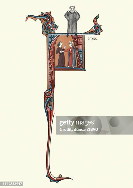 ornate illuminated medieval capital a letter - medieval-illuminated-letter stock illustrations