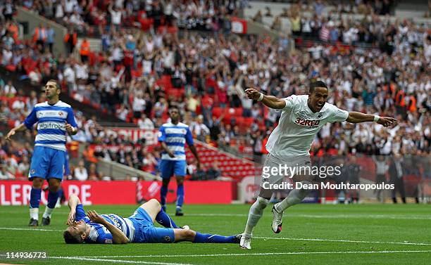 Scott Sinclair of Swansea scores the second goal of the game during the npower Championship Playoff Final between Reading and Swansea City at Wembley...