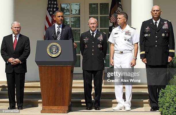 President Barack Obama speaks as Secretary of Defense Robert Gates, Army Chief of Staff Gen. Martin Dempsey, Navy Admiral James "Sandy" Winnefeld,...