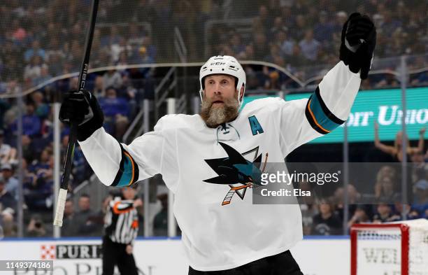 Joe Thornton of the San Jose Sharks celebrates after scoring a goal on Jordan Binnington of the St. Louis Blues during the first period in Game Three...