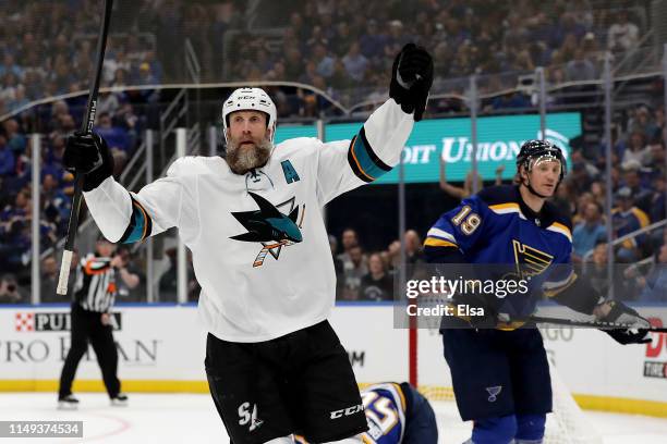 Joe Thornton of the San Jose Sharks celebrates after scoring a goal on Jordan Binnington of the St. Louis Blues during the first period in Game Three...