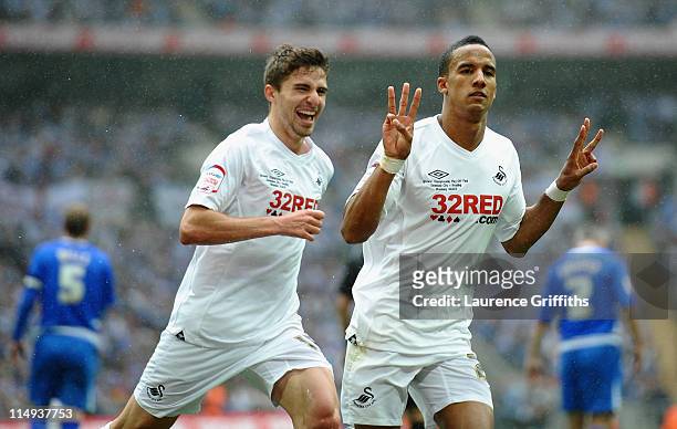 Scott Sinclair of Swansea celebrates his third goal with Fabio Borini during the npower Championship Playoff Final between Reading and Swansea City...