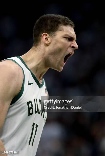 Brook Lopez of the Milwaukee Bucks reacts in the second quarter against the Toronto Raptors in Game One of the Eastern Conference Finals of the 2019...