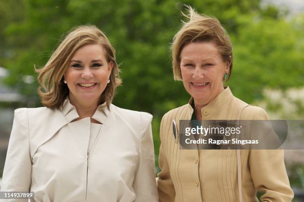Grand Duchess Maria Teresa of Luxembourg and Queen Sonja of Norway visit the Oscarshall summer palace on May 30, 2011 in Oslo, Norway.